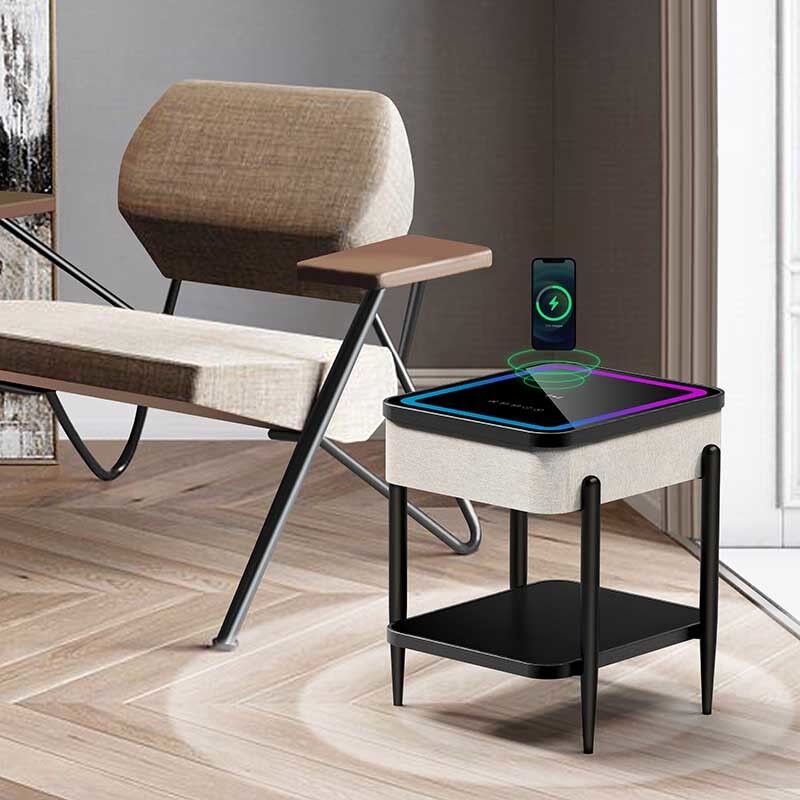 Custom logo MDF Bluetooth draadloze luidspreker tafel met draadloos opladen LED licht