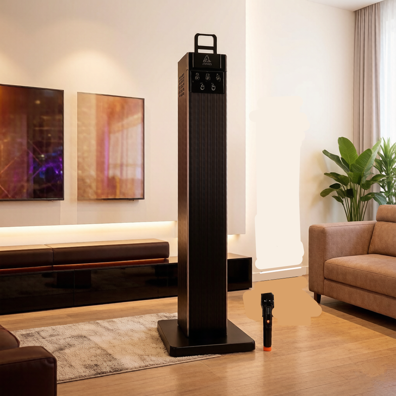 Premium DSP Karaoke Tower Speaker 80W High Fidelity Sound Tower with Dual Wireless Karaoke Mics & Metal Grille