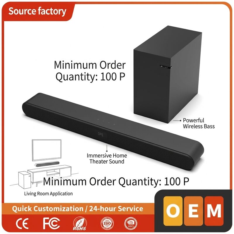 OEM Soundbar Speaker System 100W 2.1CH Bluetooth 5.1 Wireless Subwoofer HDMI ARC DSP Factory Wholesale TV Sound Bar