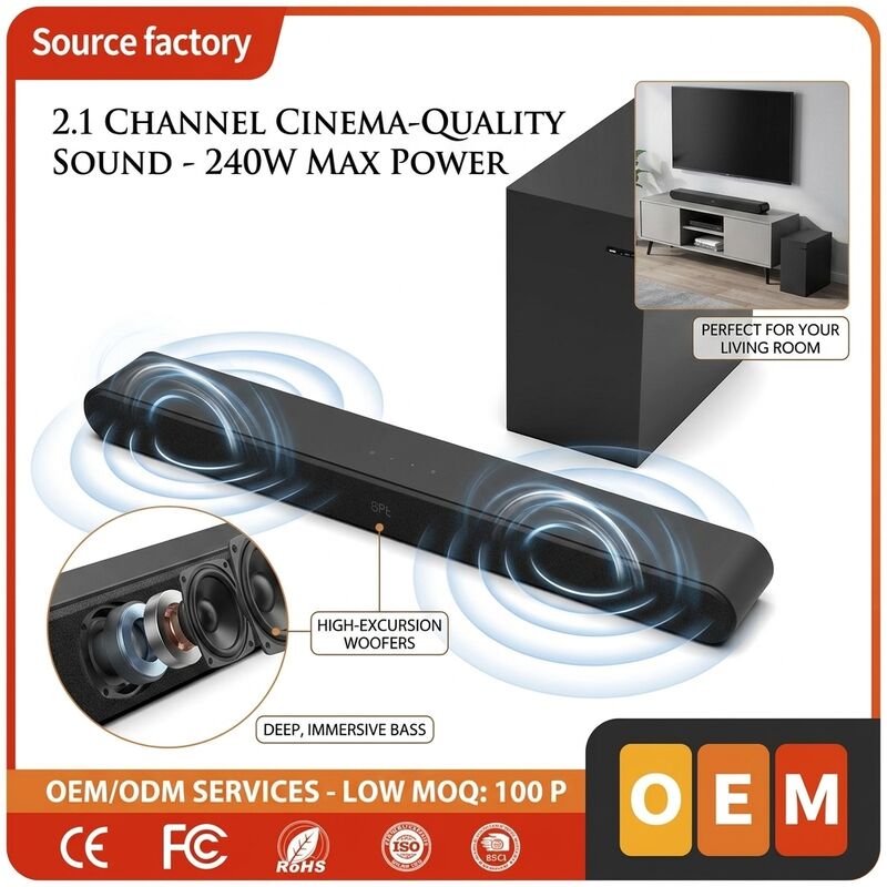 Soundbar Speaker System 100W 2.1CH Bluetooth 5.1 Wireless Soundbar Speaker with 6.5