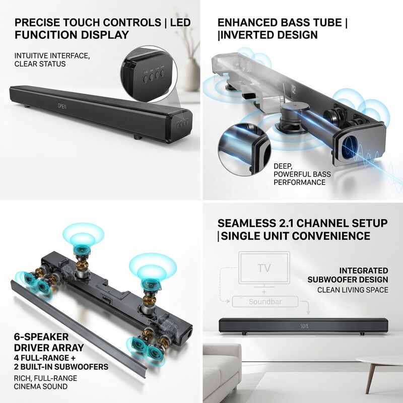 Système de haut-parleur de barre de son de cinéma à domicile 100W 2.1CH avec sous-woofer intégré, audio DSP, HDMI ARC ligne optique USB Bluetooth 5.0, Barre de son murale avec télécommande