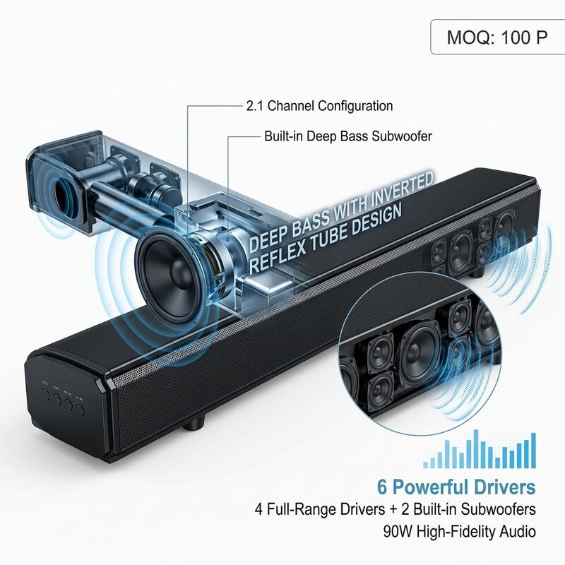 Système de haut-parleur de barre de son de cinéma à domicile 100W 2.1CH avec sous-woofer intégré, audio DSP, HDMI ARC ligne optique USB Bluetooth 5.0, Barre de son murale avec télécommande