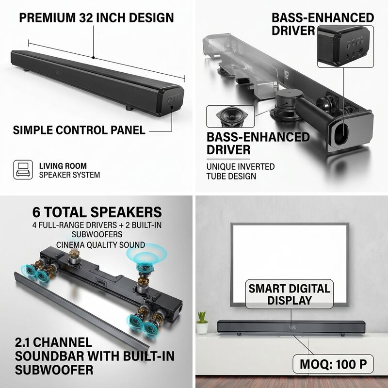 Système de haut-parleur de barre de son de cinéma à domicile 100W 2.1CH avec sous-woofer intégré, audio DSP, HDMI ARC ligne optique USB Bluetooth 5.0, Barre de son murale avec télécommande