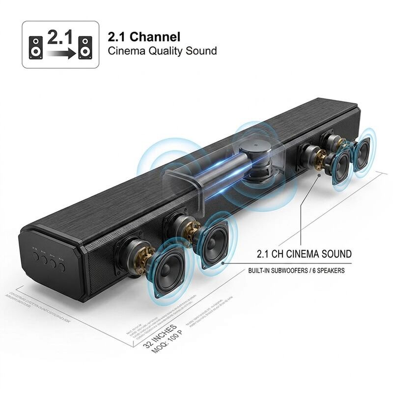 2.1 Channel Sound Bar for TV, Total 100W Power with Independent 60W Subwoofer, Bluetooth 5.0 DSP Surround Sound Home Theater System Support HDMI ARC/OPT/AUX/USB, Metal Grille & Wall Mount Kit Included