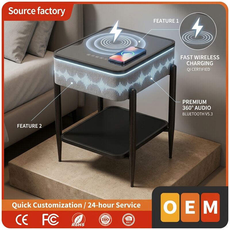 Wireless Charging Side Table A2 65W Modern End Bedside Table Modern Bedroom Built-in Speaker