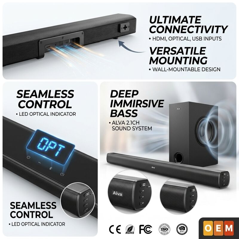 Wireless Soundbar Speaker ASW100-2.1U 100W 3D ARC Surround Sound ARC HDMI Deep Bass