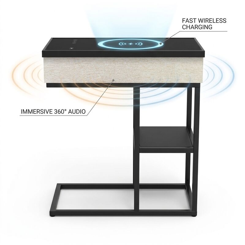 Wireless Charging Side Table C9 30W Tempered Glass Bedside Table Modern Bedroom Built-in Speaker