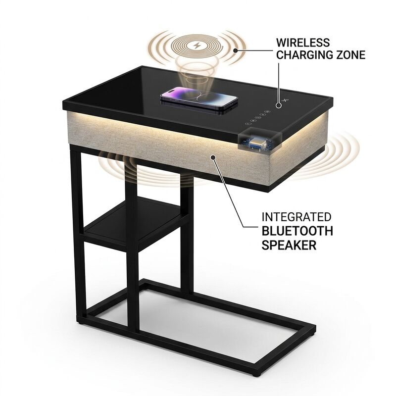 Wireless Charging Side Table C9 30W Tempered Glass Bedside Table Modern Bedroom Built-in Speaker