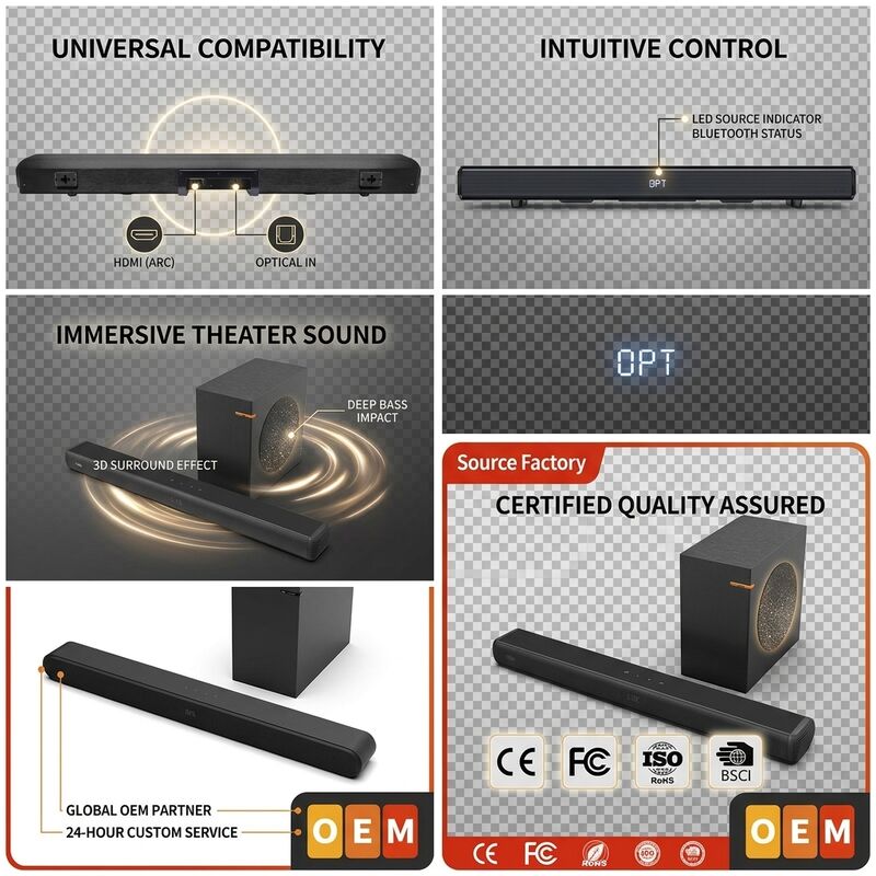 Wireless Soundbar Speaker ASW150-2.1UR 100W Subwoofer Round FM Surround Sound ARC HDMI