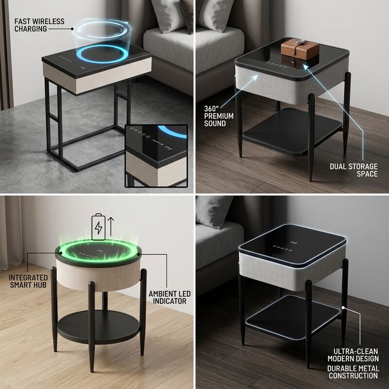 Wireless Charging Side Table C9 30W Tempered Glass Bedside Table Modern Bedroom Built-in Speaker