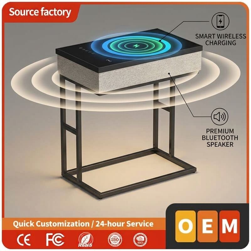 Wireless Charging Side Table C9 30W Tempered Glass Bedside Table Modern Bedroom Built-in Speaker