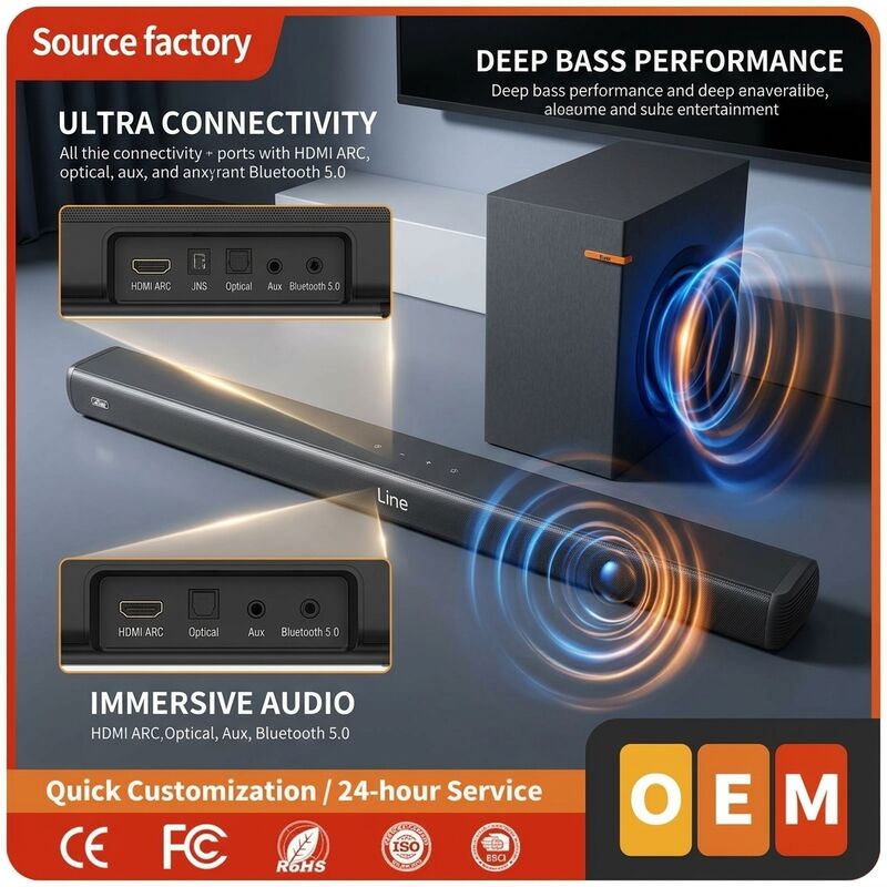 Wireless Soundbar Speaker ASW150-2.1UR 100W Subwoofer Round FM Surround Sound ARC HDMI