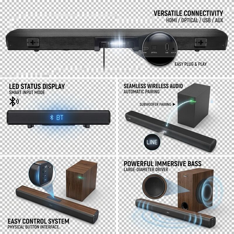 Wireless Soundbar Speaker AS510-2.1 100W Karaoke Microphone High Surround Sound ARC HDMI
