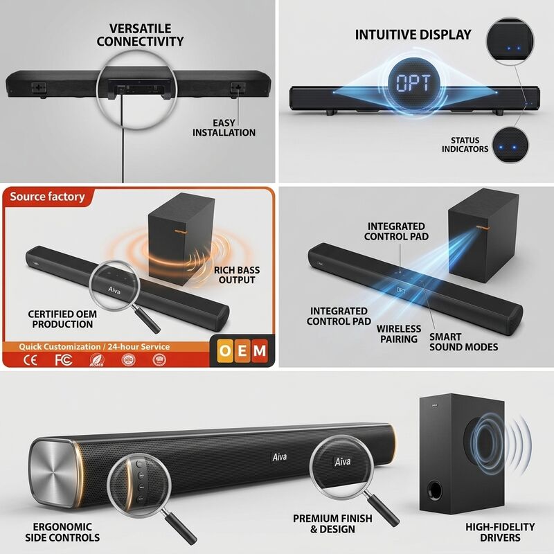 Wireless Soundbar Speaker ASW150-2.1UR 100W Subwoofer Round FM Surround Sound ARC HDMI