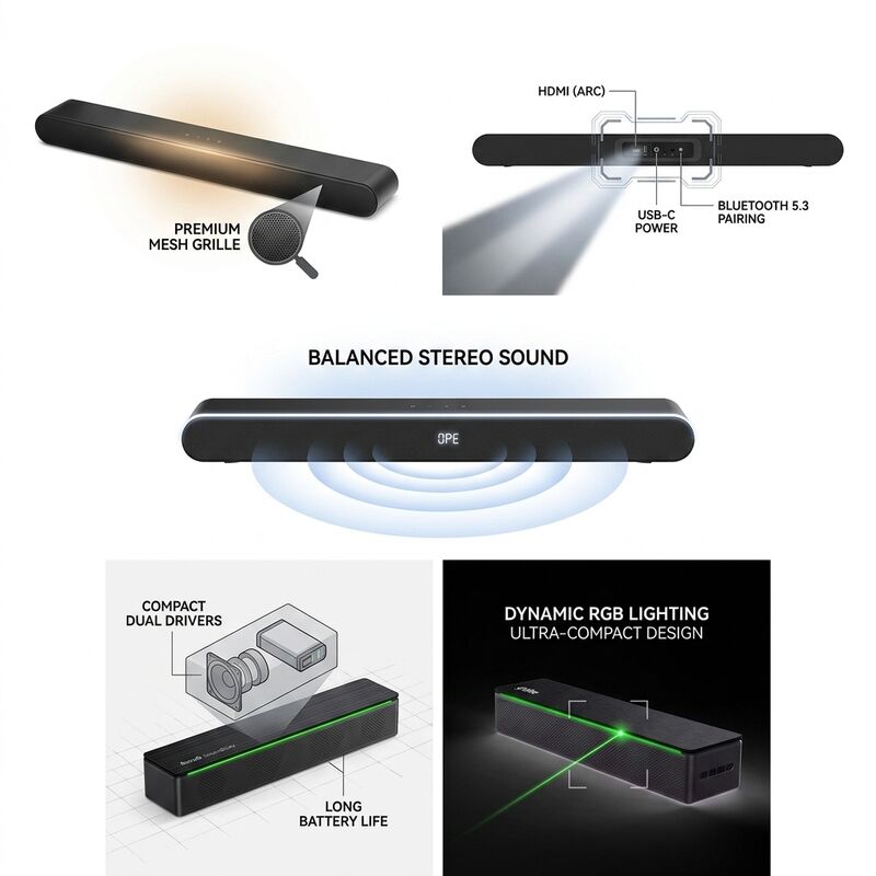 PC Soundbar Speaker AS1821 2.0 10W RGB Desktop Audio Monitor Speaker Video Calls