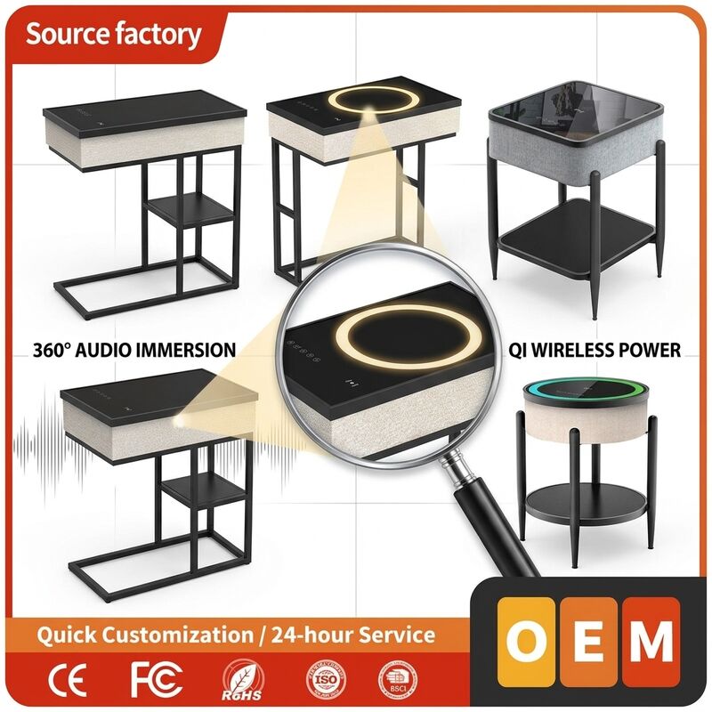 Wireless Charging Side Table ATC639 65W Phone Bedside Table Modern Bedroom Built-in Speaker