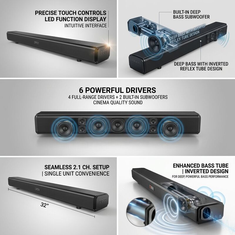 Home Theater Soundbar system ASW280-2.1U 120W Subwoofer Karaoke Heavy Bass Immersive Audio