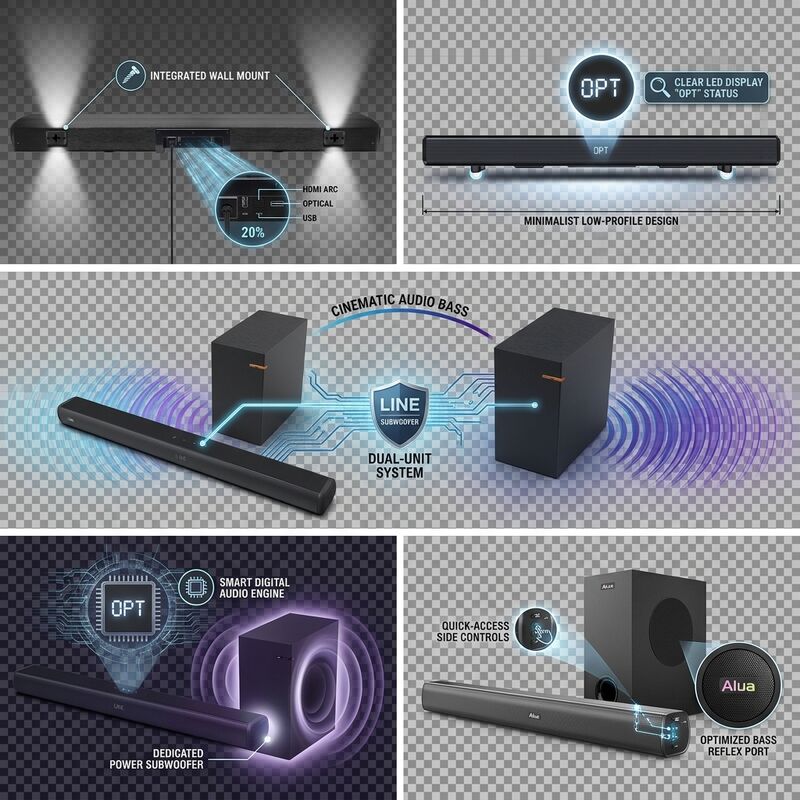 Wireless Soundbar Speaker ASW100-2.1U 100W 200W Deep Surround Sound ARC HDMI Deep Bass
