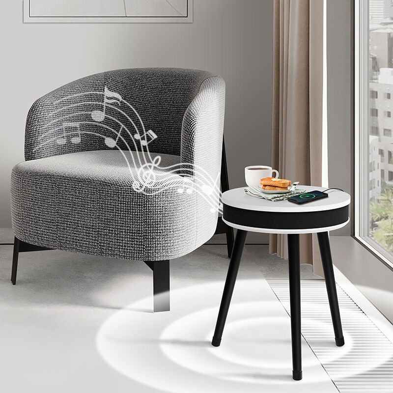 60W Bluetooth Audio Side Table Smart Home Furniture Tempered Glass Top Fabric Body Iron Legs Wholesale