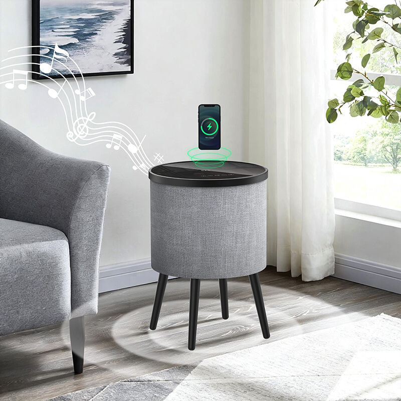 Factory Wholesale Audio Furniture 60W Smart Bedside Table Tempered Glass Fabric Iron Frame